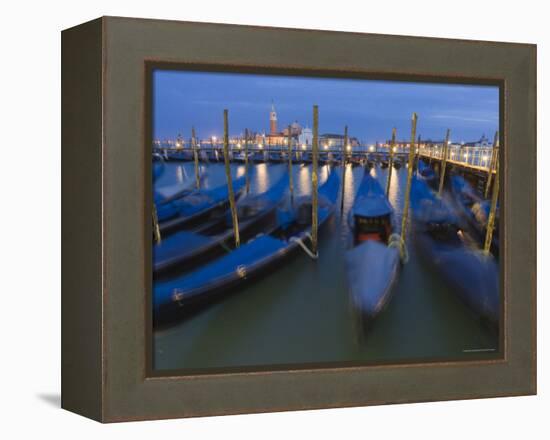 Gondolas on Waterfront at Night, San Giorgio Maggiore, Venice, Veneto, Italy-Christian Kober-Framed Premier Image Canvas