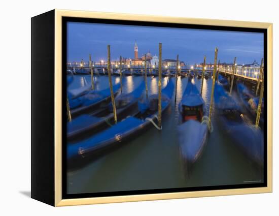 Gondolas on Waterfront at Night, San Giorgio Maggiore, Venice, Veneto, Italy-Christian Kober-Framed Premier Image Canvas