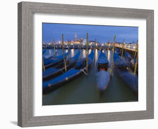 Gondolas on Waterfront at Night, San Giorgio Maggiore, Venice, Veneto, Italy-Christian Kober-Framed Photographic Print