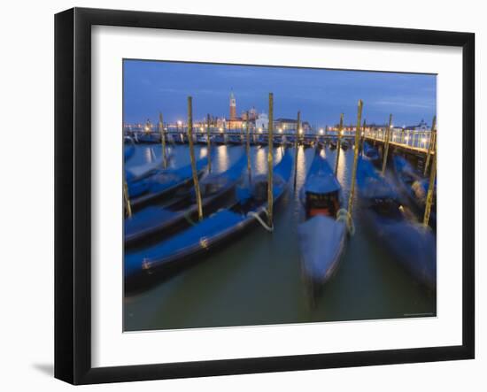 Gondolas on Waterfront at Night, San Giorgio Maggiore, Venice, Veneto, Italy-Christian Kober-Framed Photographic Print