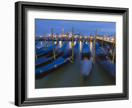 Gondolas on Waterfront at Night, San Giorgio Maggiore, Venice, Veneto, Italy-Christian Kober-Framed Photographic Print