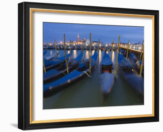 Gondolas on Waterfront at Night, San Giorgio Maggiore, Venice, Veneto, Italy-Christian Kober-Framed Photographic Print