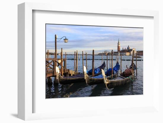Gondolas, San Marco waterfront at sunset in winter, view to San Giorgio Maggiore, Venice, UNESCO Wo-Eleanor Scriven-Framed Photographic Print