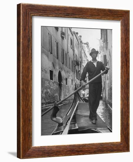 Gondolier Maneuvering Through Small Canal-Alfred Eisenstaedt-Framed Photographic Print