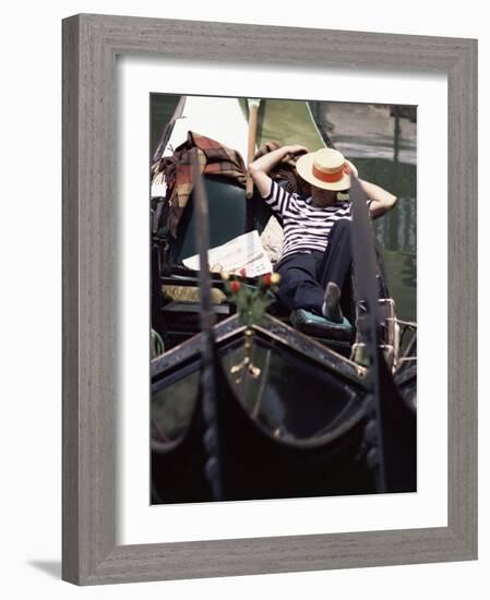 Gondolier Relaxing in Gondola, Venice, Veneto, Italy-Adam Woolfitt-Framed Photographic Print