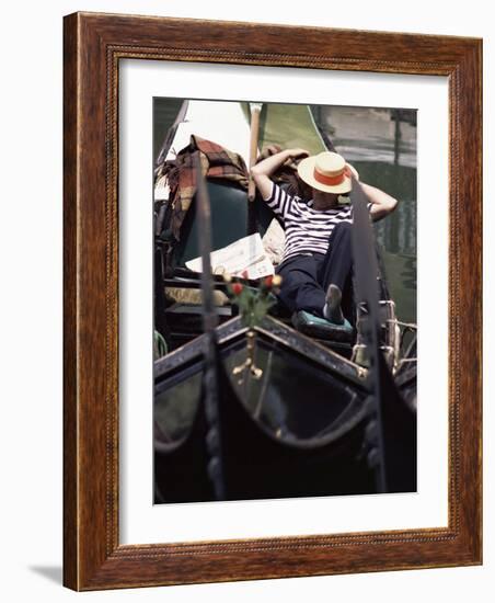 Gondolier Relaxing in Gondola, Venice, Veneto, Italy-Adam Woolfitt-Framed Photographic Print