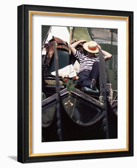 Gondolier Relaxing in Gondola, Venice, Veneto, Italy-Adam Woolfitt-Framed Photographic Print