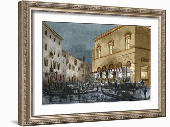 Gondoliers waiting for spectators outside the Teatro La Fenice, Venice, Italy-Italian School-Framed Giclee Print