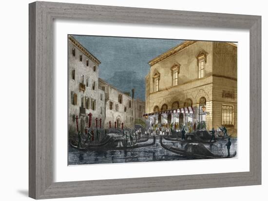 Gondoliers waiting for spectators outside the Teatro La Fenice, Venice, Italy-Italian School-Framed Giclee Print