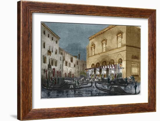 Gondoliers waiting for spectators outside the Teatro La Fenice, Venice, Italy-Italian School-Framed Giclee Print