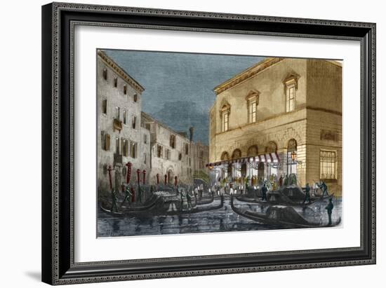 Gondoliers waiting for spectators outside the Teatro La Fenice, Venice, Italy-Italian School-Framed Giclee Print