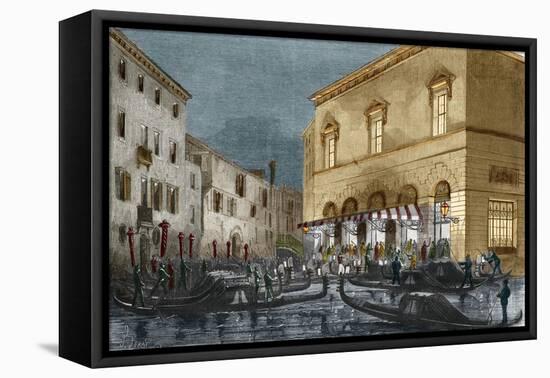 Gondoliers waiting for spectators outside the Teatro La Fenice, Venice, Italy-Italian School-Framed Premier Image Canvas