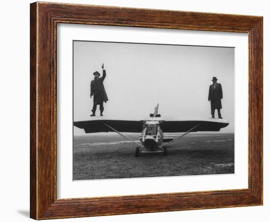 Goodyear Aircraft Engineers Standing on Wings of Rubber Airplane, Can Fly 60 MPH with 200 yd Runway-Grey Villet-Framed Photographic Print