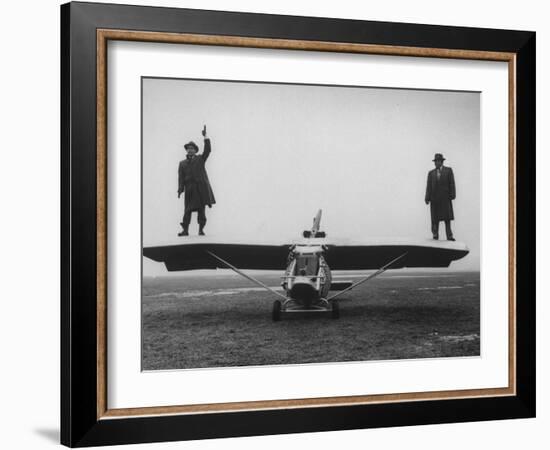 Goodyear Aircraft Engineers Standing on Wings of Rubber Airplane, Can Fly 60 MPH with 200 yd Runway-Grey Villet-Framed Photographic Print