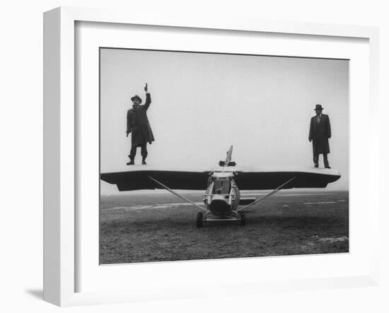 Goodyear Aircraft Engineers Standing on Wings of Rubber Airplane, Can Fly 60 MPH with 200 yd Runway-Grey Villet-Framed Photographic Print