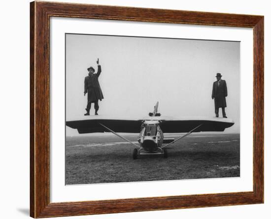 Goodyear Aircraft Engineers Standing on Wings of Rubber Airplane, Can Fly 60 MPH with 200 yd Runway-Grey Villet-Framed Photographic Print