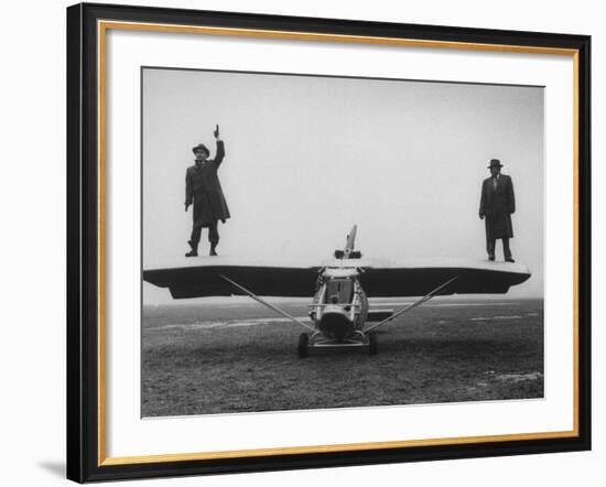 Goodyear Aircraft Engineers Standing on Wings of Rubber Airplane, Can Fly 60 MPH with 200 yd Runway-Grey Villet-Framed Photographic Print