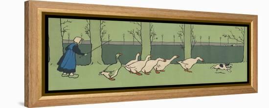 Goose Girl Wearing Clogs and Six Geese Led by a Dog in an Autumn Landscape-Cecil Aldin-Framed Premier Image Canvas