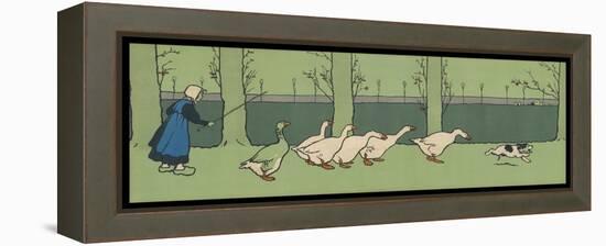 Goose Girl Wearing Clogs and Six Geese Led by a Dog in an Autumn Landscape-Cecil Aldin-Framed Premier Image Canvas