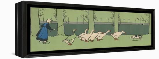 Goose Girl Wearing Clogs and Six Geese Led by a Dog in an Autumn Landscape-Cecil Aldin-Framed Premier Image Canvas