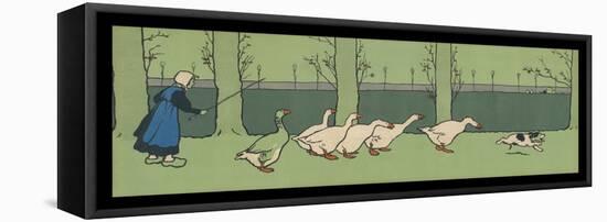 Goose Girl Wearing Clogs and Six Geese Led by a Dog in an Autumn Landscape-Cecil Aldin-Framed Premier Image Canvas