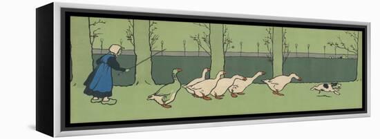 Goose Girl Wearing Clogs and Six Geese Led by a Dog in an Autumn Landscape-Cecil Aldin-Framed Premier Image Canvas