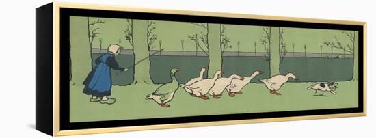 Goose Girl Wearing Clogs and Six Geese Led by a Dog in an Autumn Landscape-Cecil Aldin-Framed Premier Image Canvas