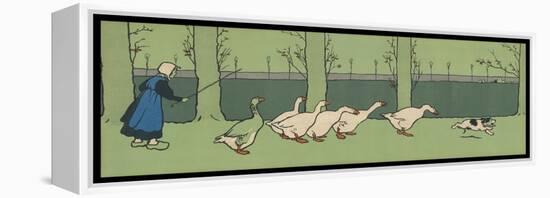 Goose Girl Wearing Clogs and Six Geese Led by a Dog in an Autumn Landscape-Cecil Aldin-Framed Premier Image Canvas