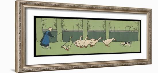 Goose Girl Wearing Clogs and Six Geese Led by a Dog in an Autumn Landscape-Cecil Aldin-Framed Photographic Print