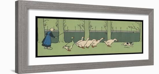 Goose Girl Wearing Clogs and Six Geese Led by a Dog in an Autumn Landscape-Cecil Aldin-Framed Photographic Print