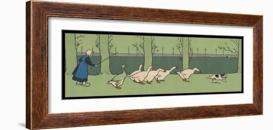 Goose Girl Wearing Clogs and Six Geese Led by a Dog in an Autumn Landscape-Cecil Aldin-Framed Photographic Print