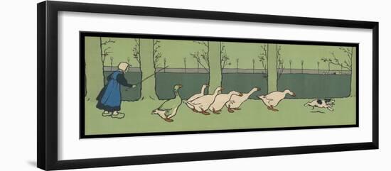 Goose Girl Wearing Clogs and Six Geese Led by a Dog in an Autumn Landscape-Cecil Aldin-Framed Photographic Print