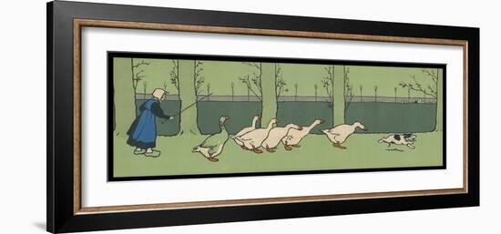 Goose Girl Wearing Clogs and Six Geese Led by a Dog in an Autumn Landscape-Cecil Aldin-Framed Photographic Print