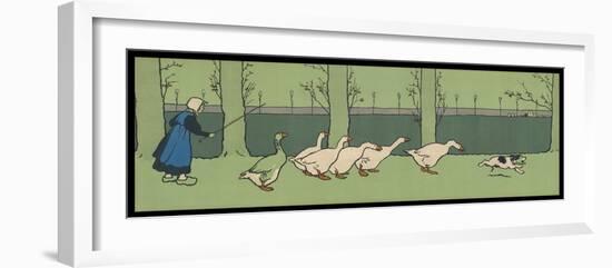 Goose Girl Wearing Clogs and Six Geese Led by a Dog in an Autumn Landscape-Cecil Aldin-Framed Photographic Print