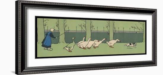 Goose Girl Wearing Clogs and Six Geese Led by a Dog in an Autumn Landscape-Cecil Aldin-Framed Photographic Print