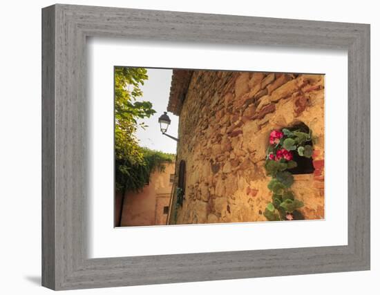 Gorgeous medieval village, geranium with pink flowers in old stone wall, Peratallada, Baix Emporda,-Eleanor Scriven-Framed Photographic Print