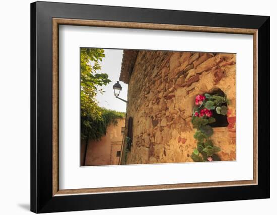 Gorgeous medieval village, geranium with pink flowers in old stone wall, Peratallada, Baix Emporda,-Eleanor Scriven-Framed Photographic Print