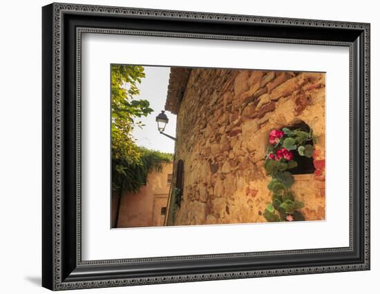 Gorgeous medieval village, geranium with pink flowers in old stone wall, Peratallada, Baix Emporda,-Eleanor Scriven-Framed Photographic Print