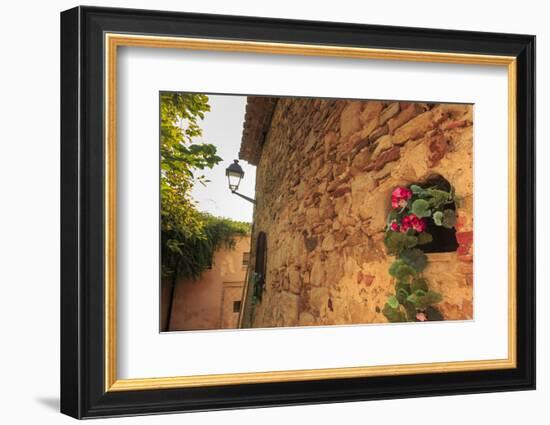 Gorgeous medieval village, geranium with pink flowers in old stone wall, Peratallada, Baix Emporda,-Eleanor Scriven-Framed Photographic Print