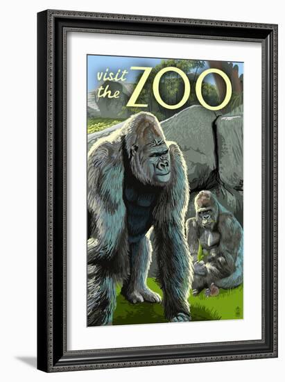 Gorillas in Forest - Visit the Zoo-Lantern Press-Framed Premium Giclee Print