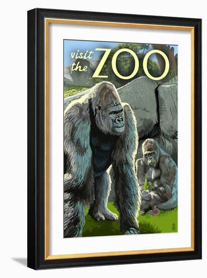 Gorillas in Forest - Visit the Zoo-Lantern Press-Framed Premium Giclee Print