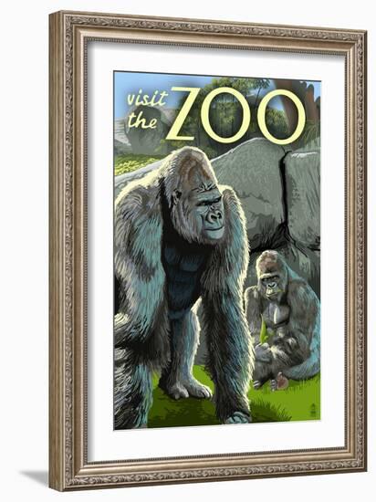 Gorillas in Forest - Visit the Zoo-Lantern Press-Framed Art Print