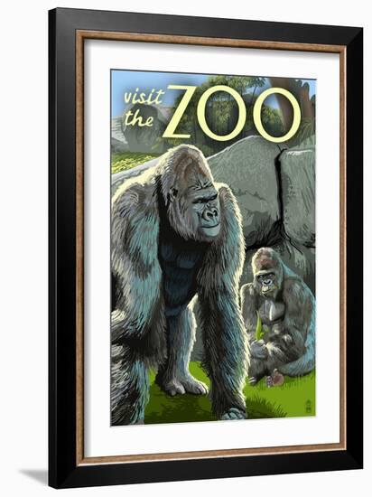 Gorillas in Forest - Visit the Zoo-Lantern Press-Framed Art Print