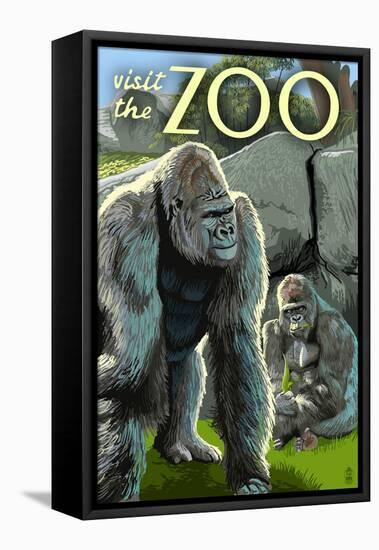 Gorillas in Forest - Visit the Zoo-Lantern Press-Framed Stretched Canvas