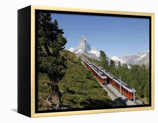 Gornergrat Railway in Front of the Matterhorn, Riffelberg, Zermatt, Valais, Swiss Alps, Switzerland-Hans Peter Merten-Framed Premier Image Canvas