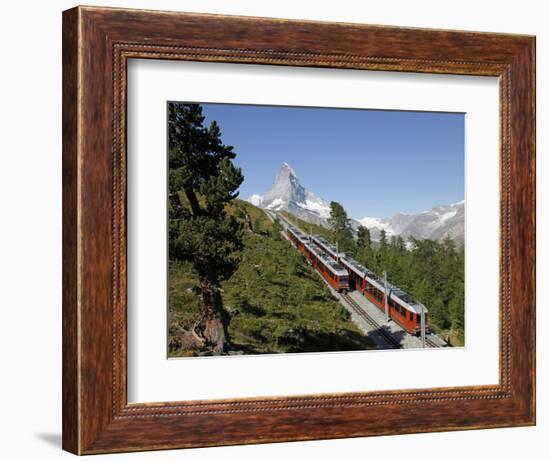 Gornergrat Railway in Front of the Matterhorn, Riffelberg, Zermatt, Valais, Swiss Alps, Switzerland-Hans Peter Merten-Framed Photographic Print