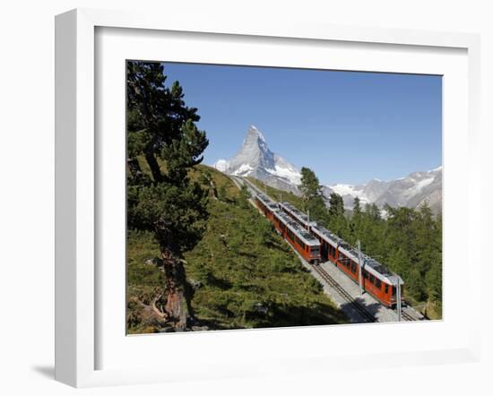 Gornergrat Railway in Front of the Matterhorn, Riffelberg, Zermatt, Valais, Swiss Alps, Switzerland-Hans Peter Merten-Framed Photographic Print