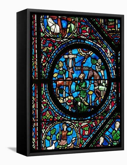 Gothic Stained Glass, Placidus Meets a Stag with Cross Between the Antlers and Becomes a Christian-null-Framed Premier Image Canvas