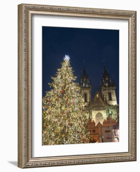 Gothic Tyn Church, Christmas Tree at Twilight in Old Town Square, Stare Mesto, Prague-Richard Nebesky-Framed Photographic Print