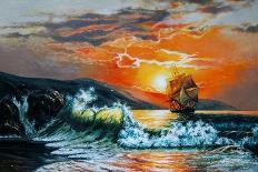 Sunset at the Sea. A Sailboat with Waves. Oil Painting-Gouache7-Mounted Art Print